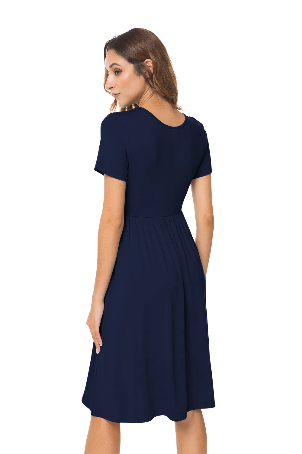 Short Sleeve Empire Waist Plain Dress with Pockets
