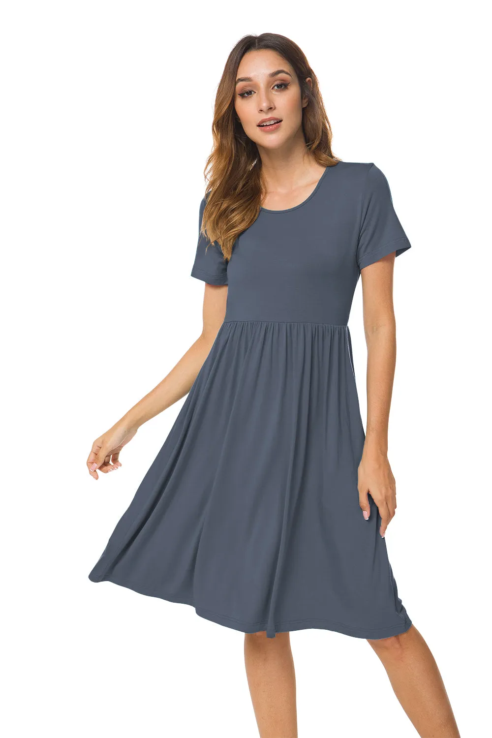 Short Sleeve Empire Waist Plain Dress with Pockets