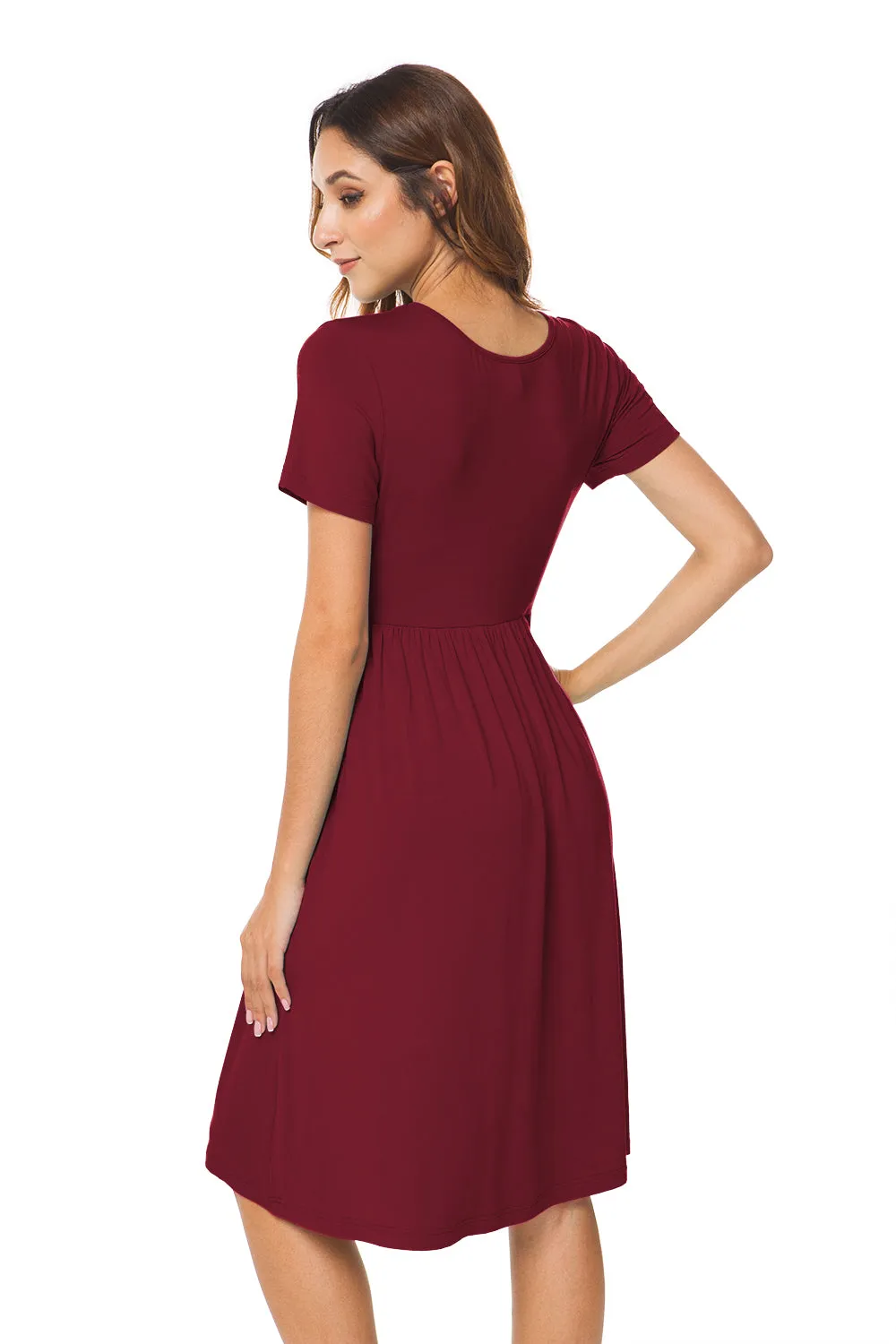 Short Sleeve Empire Waist Plain Dress with Pockets