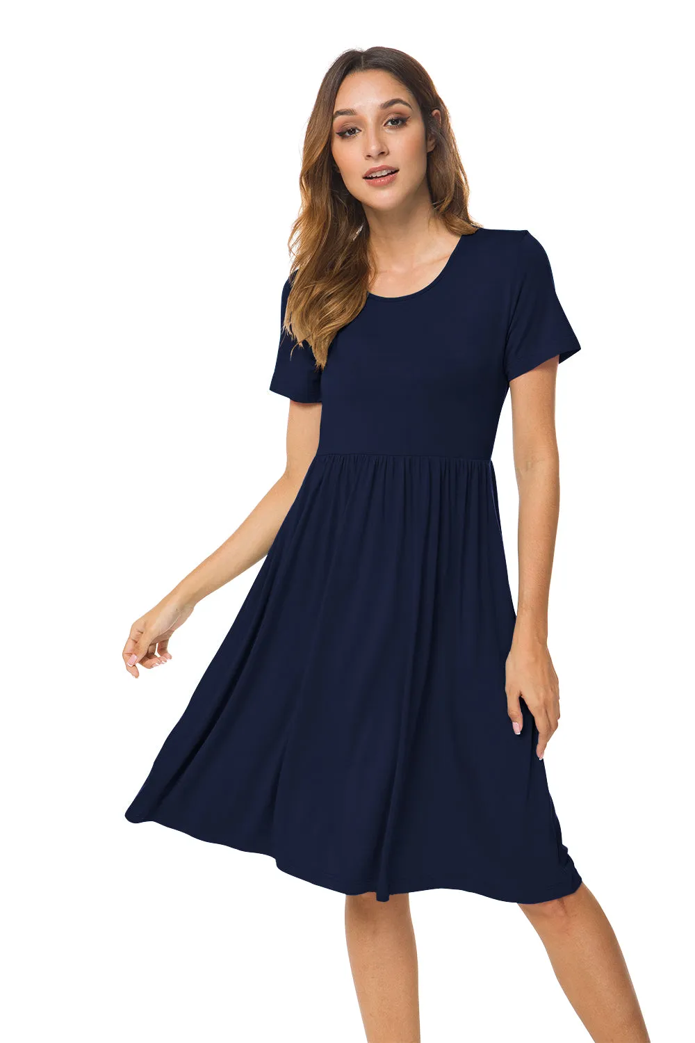 Short Sleeve Empire Waist Plain Dress with Pockets