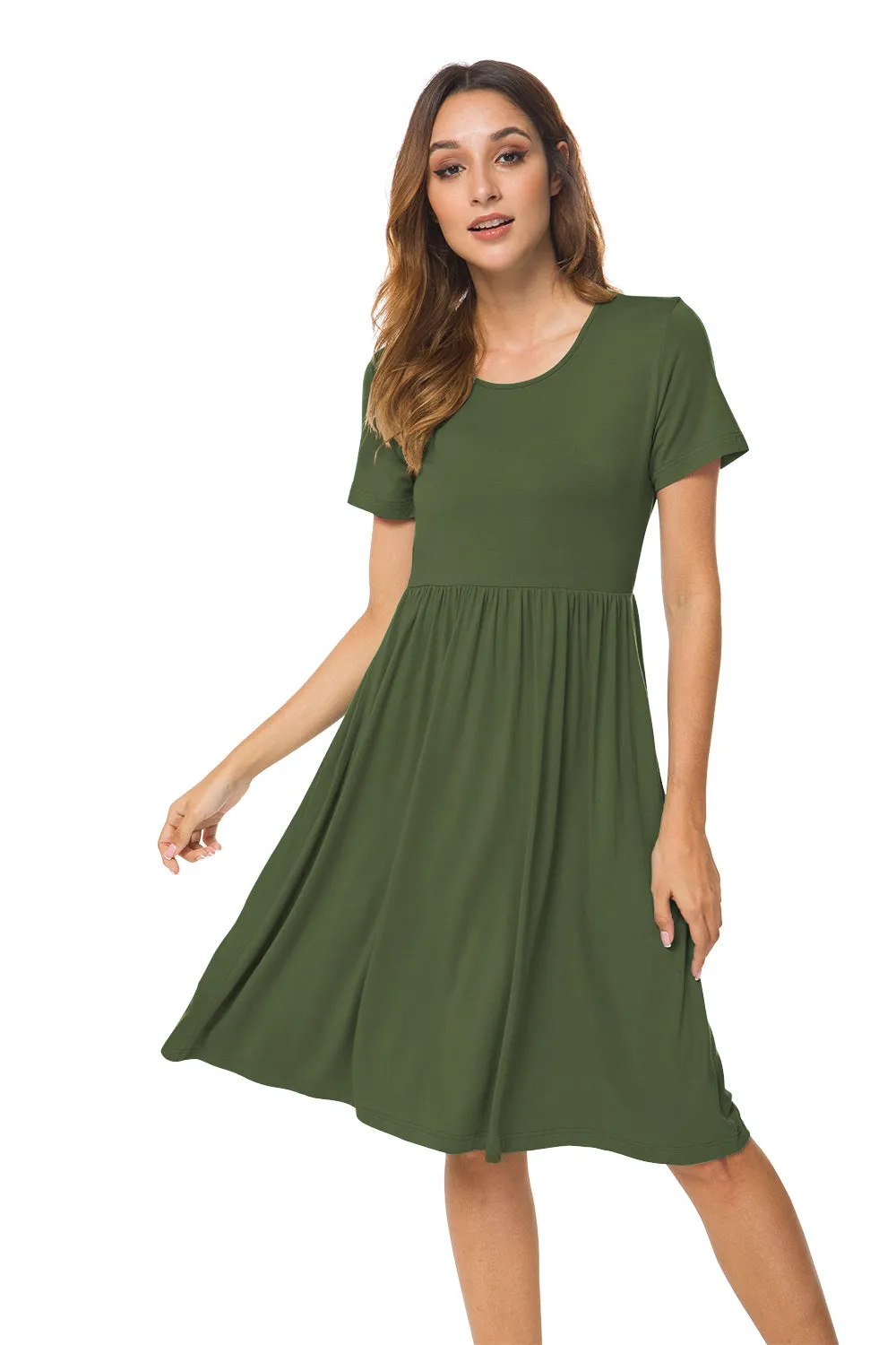 Short Sleeve Empire Waist Plain Dress with Pockets