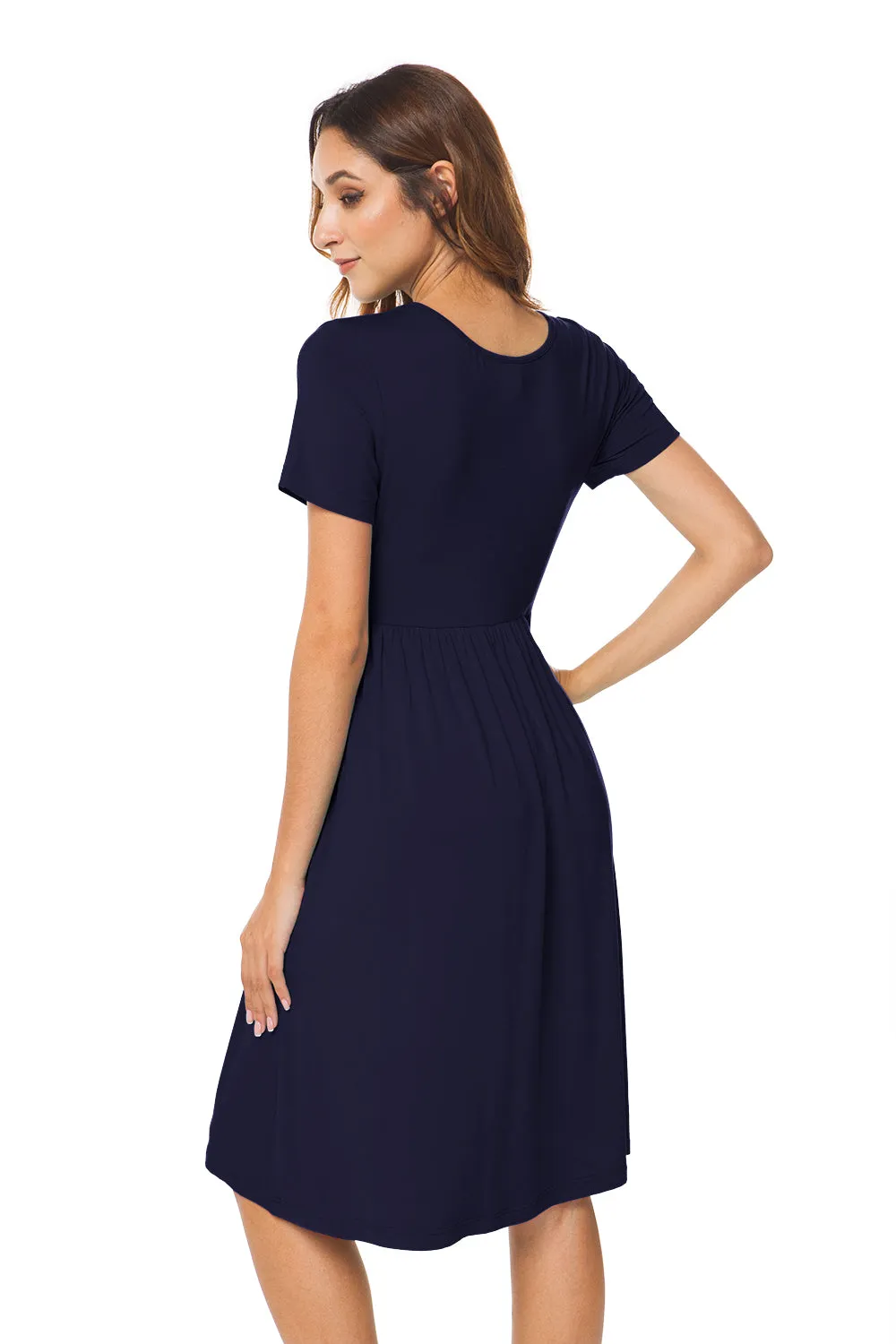 Short Sleeve Empire Waist Plain Dress with Pockets