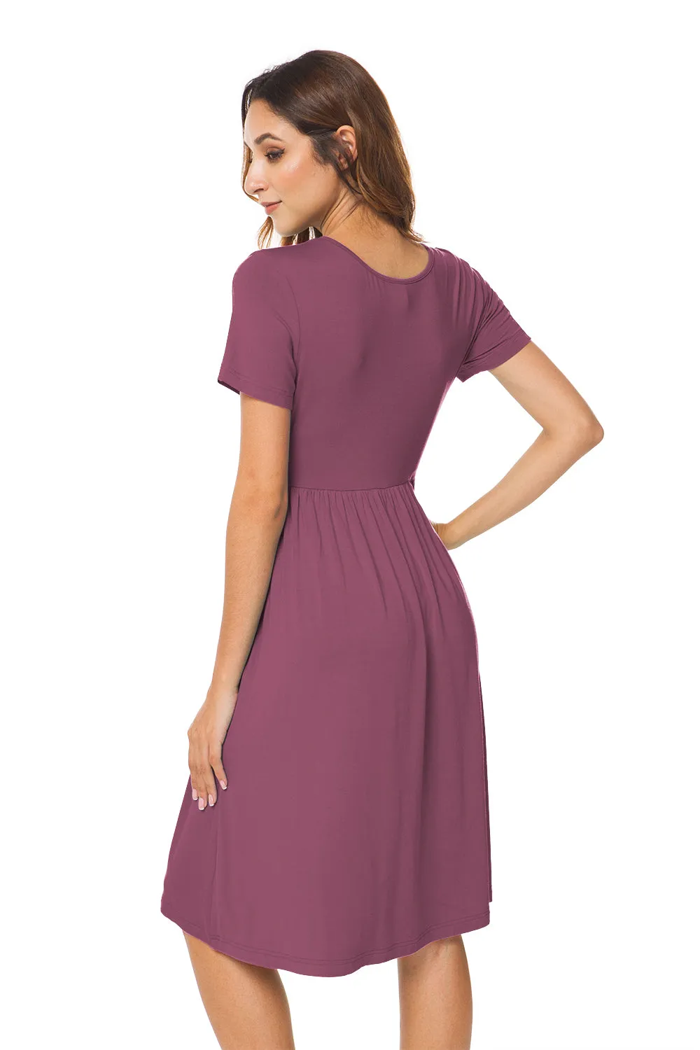 Short Sleeve Empire Waist Plain Dress with Pockets