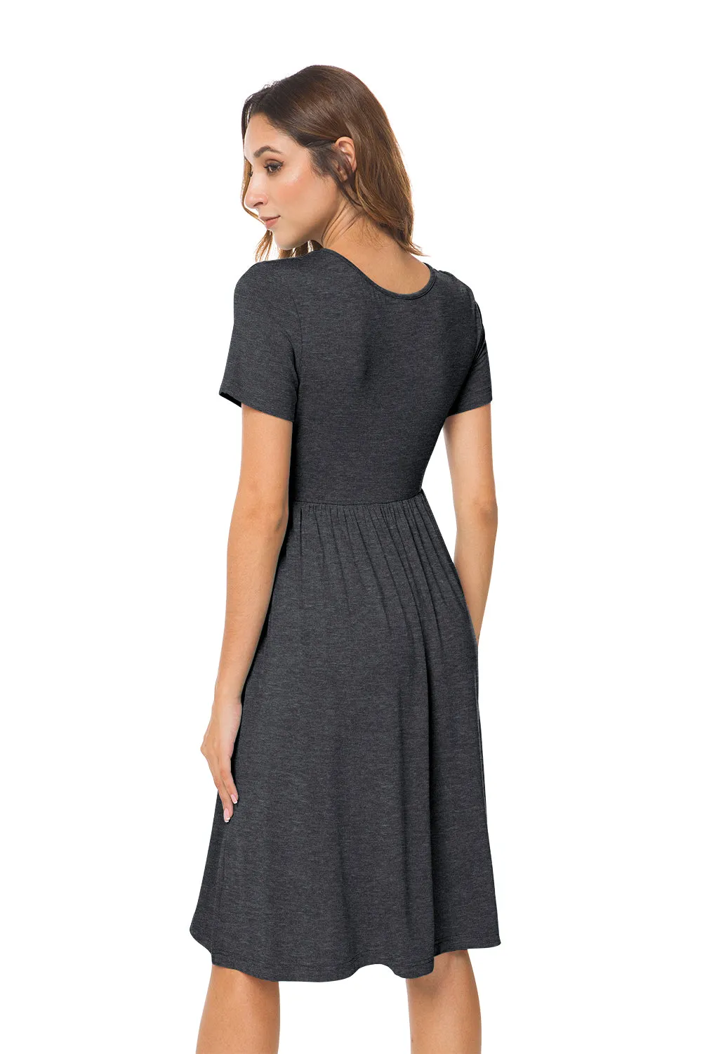 Short Sleeve Empire Waist Plain Dress with Pockets
