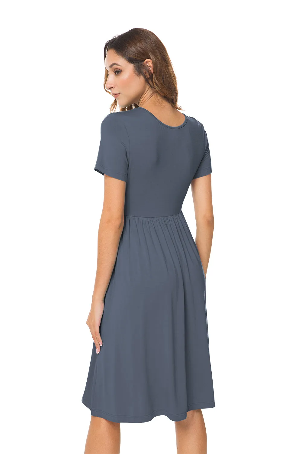 Short Sleeve Empire Waist Plain Dress with Pockets