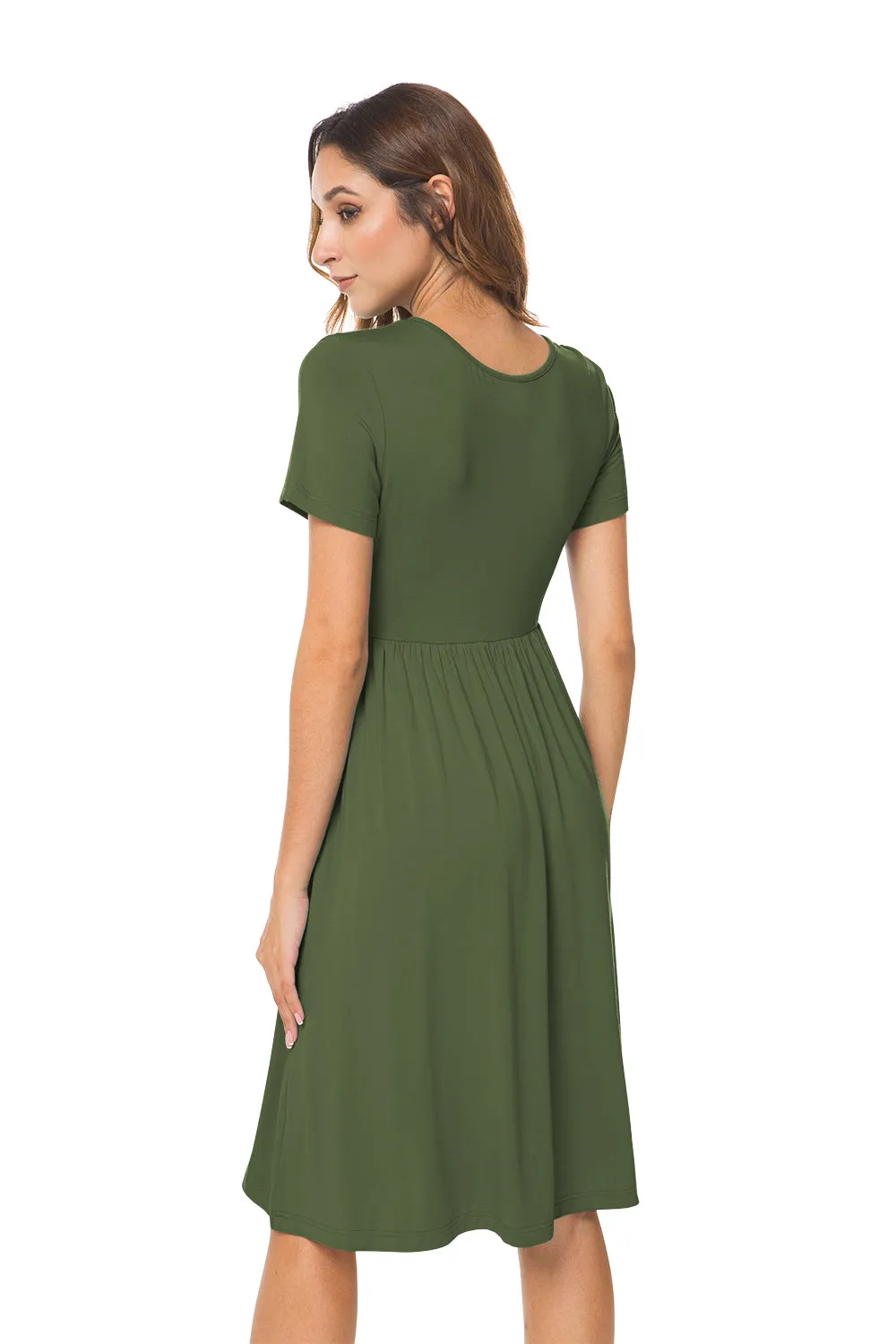 Short Sleeve Empire Waist Plain Dress with Pockets