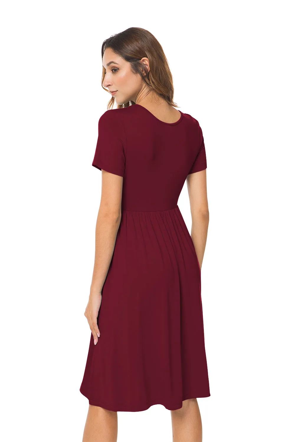 Short Sleeve Empire Waist Plain Dress with Pockets