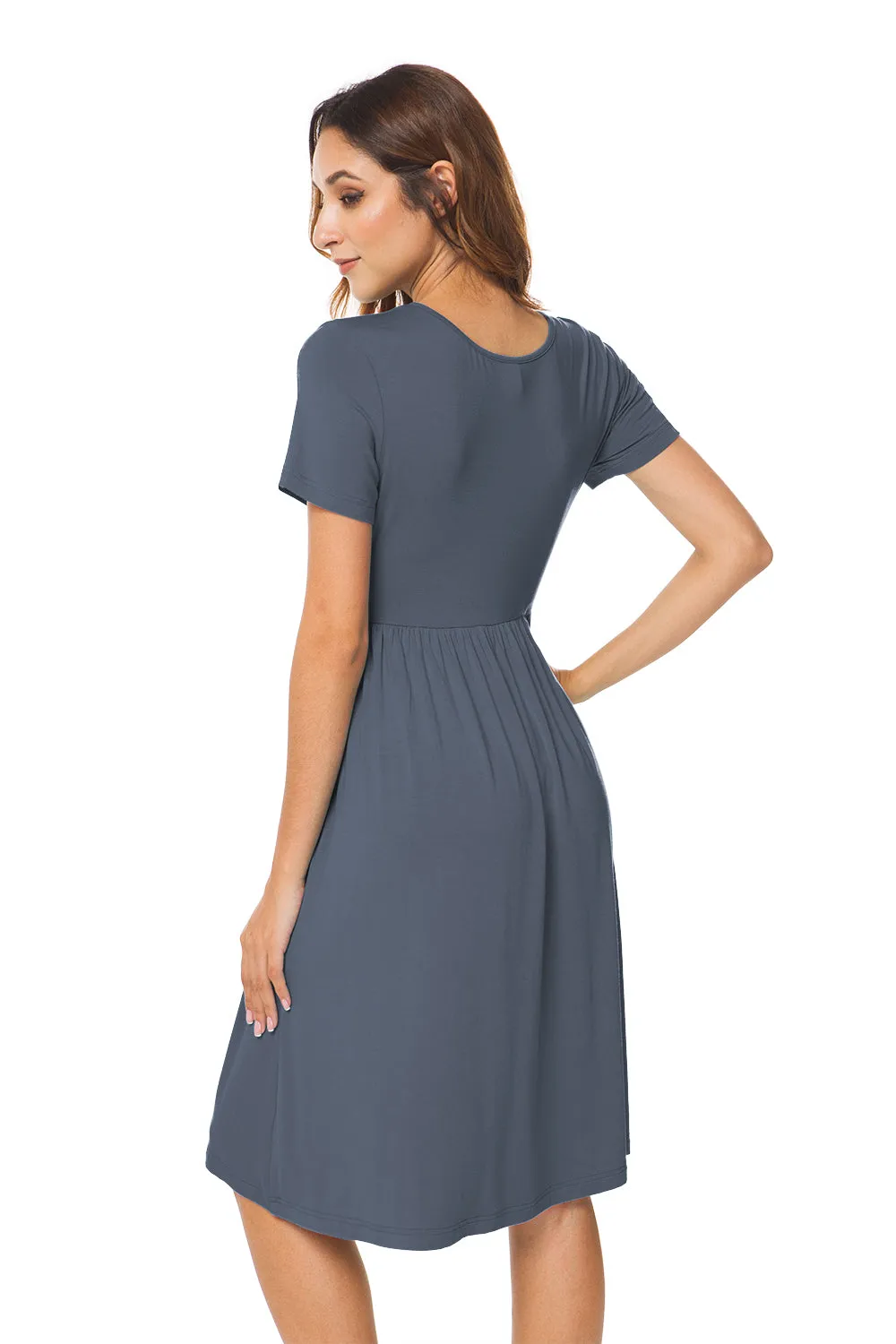 Short Sleeve Empire Waist Plain Dress with Pockets