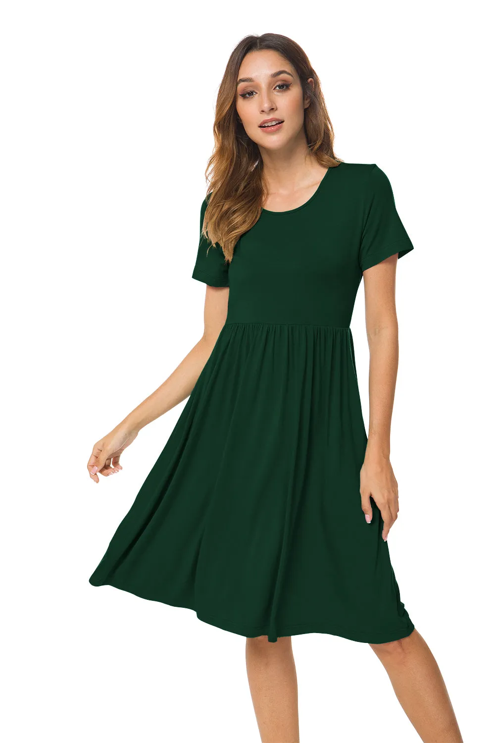 Short Sleeve Empire Waist Plain Dress with Pockets