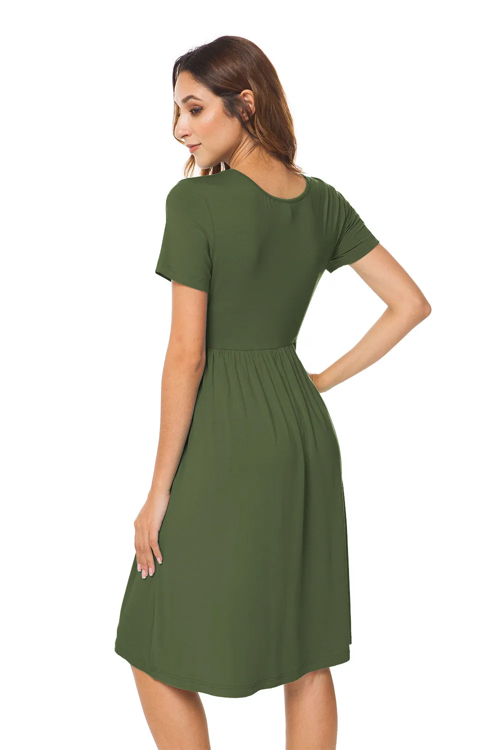 Short Sleeve Empire Waist Plain Dress with Pockets