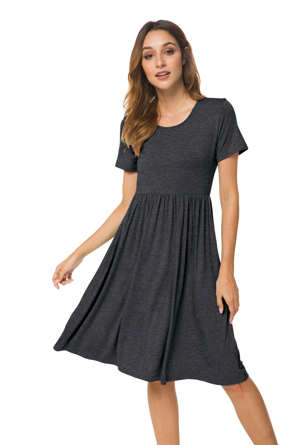Short Sleeve Empire Waist Plain Dress with Pockets