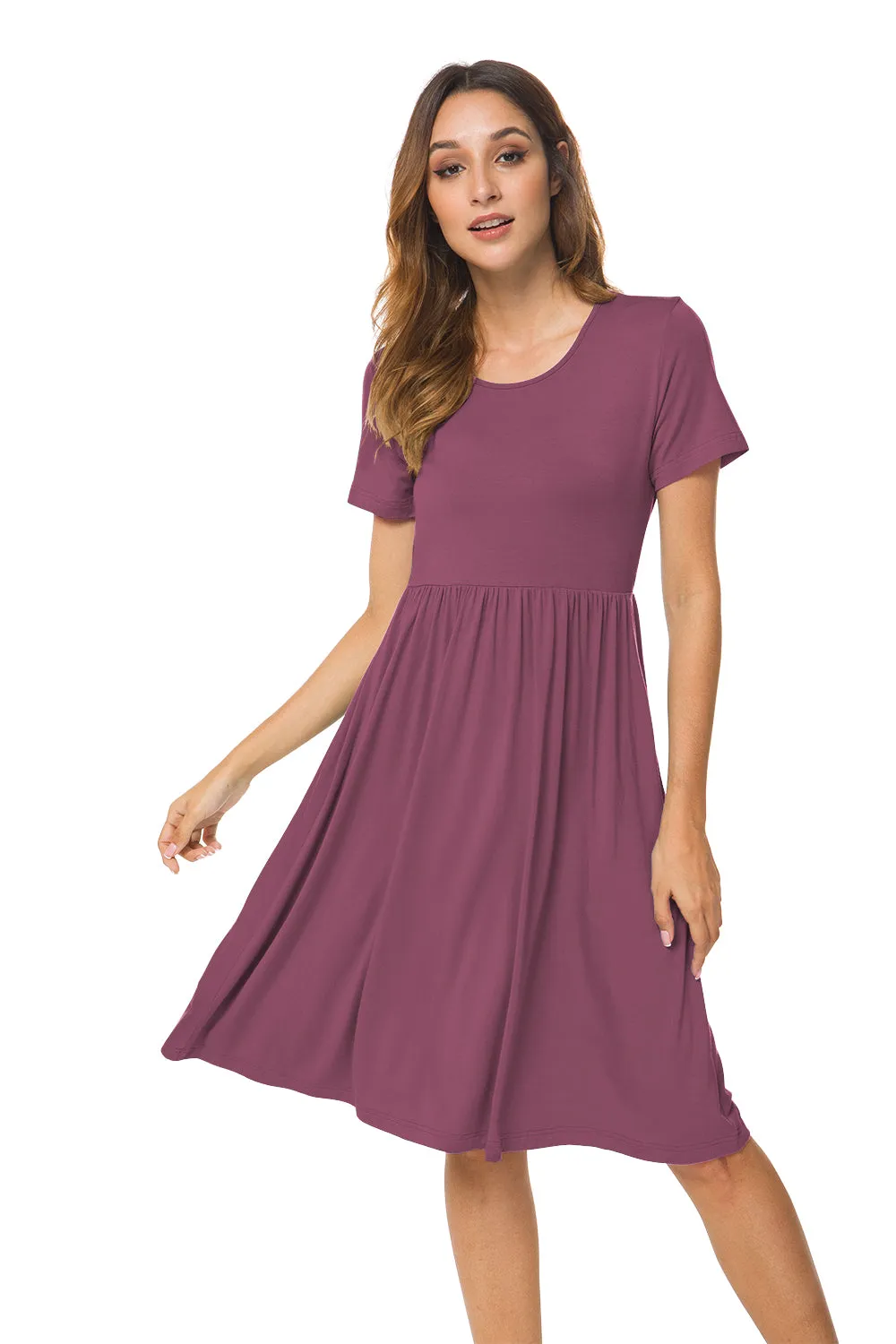 Short Sleeve Empire Waist Plain Dress with Pockets
