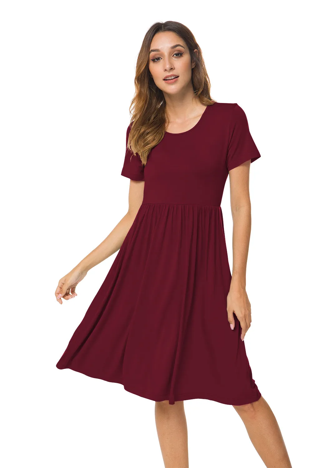 Short Sleeve Empire Waist Plain Dress with Pockets