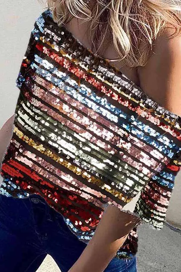 Short Sleeve Off Shoulder Sequin Top