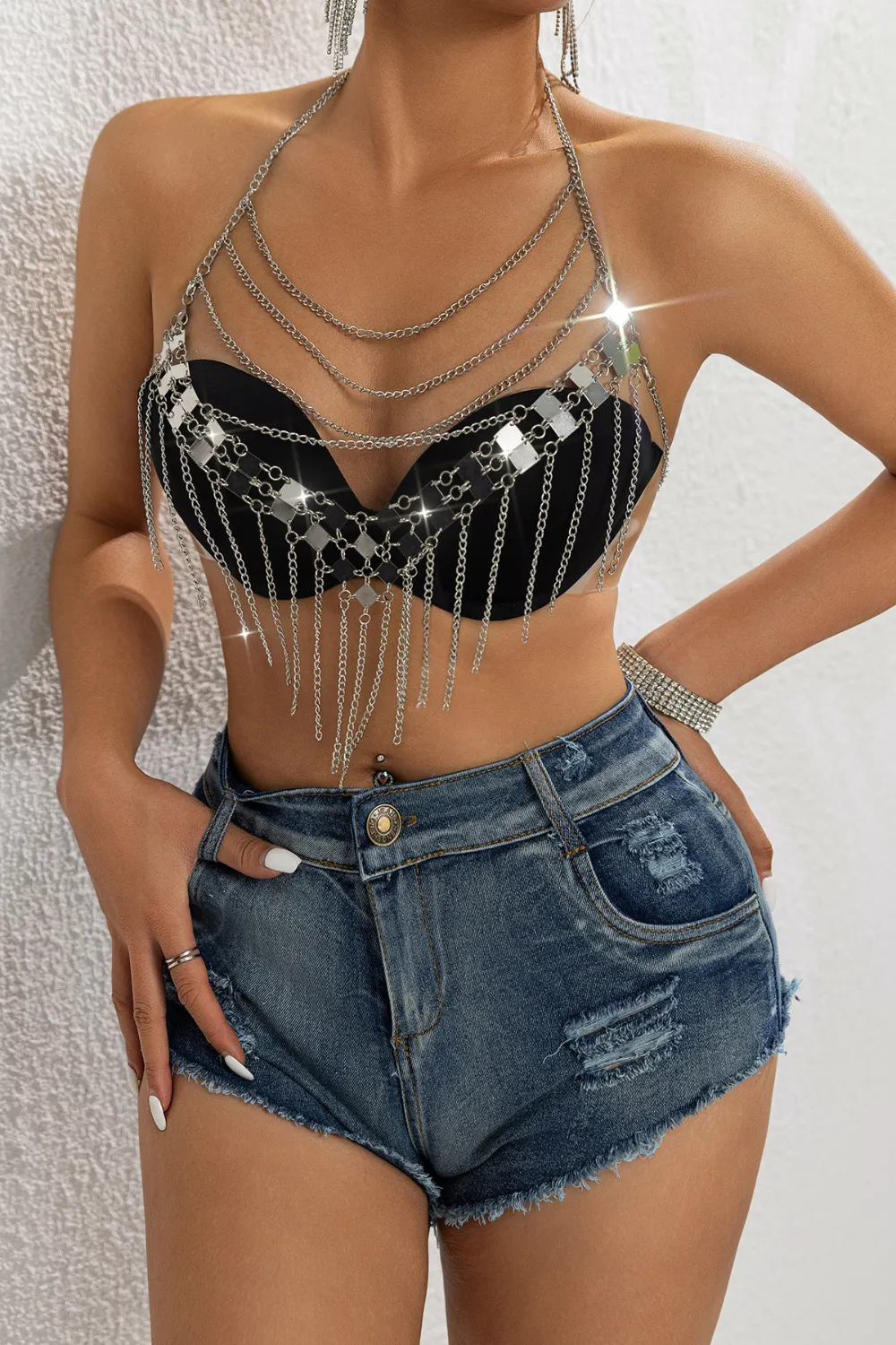 Silver Sequin Tassels Halter Top