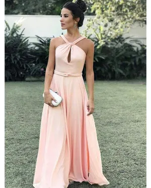 Simple Coral Prom Dresses with Halter Neckline 2018 Sexy A-line Prom Gowns Long