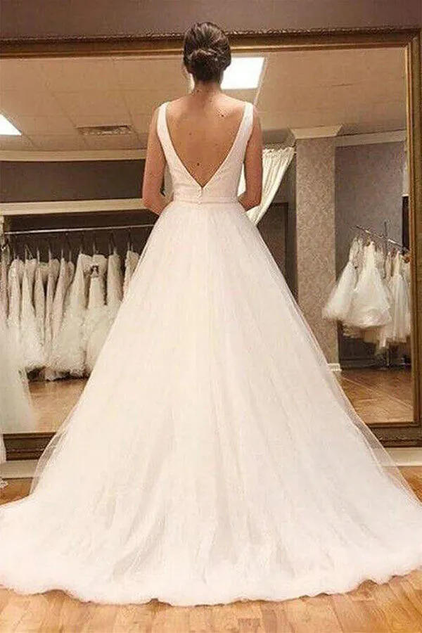 Simple Tulle A-line V-neck Open Back Wedding Dresses, Wedding Gowns, MW765
