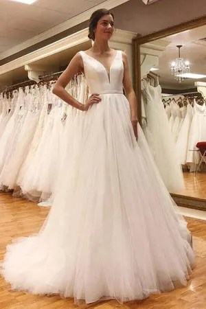 Simple Tulle A-line V-neck Open Back Wedding Dresses, Wedding Gowns, MW765