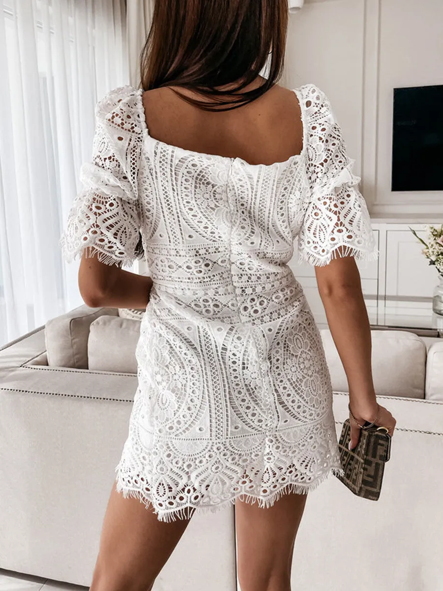 Solid Color Lace Mid-length Sleeve Dress