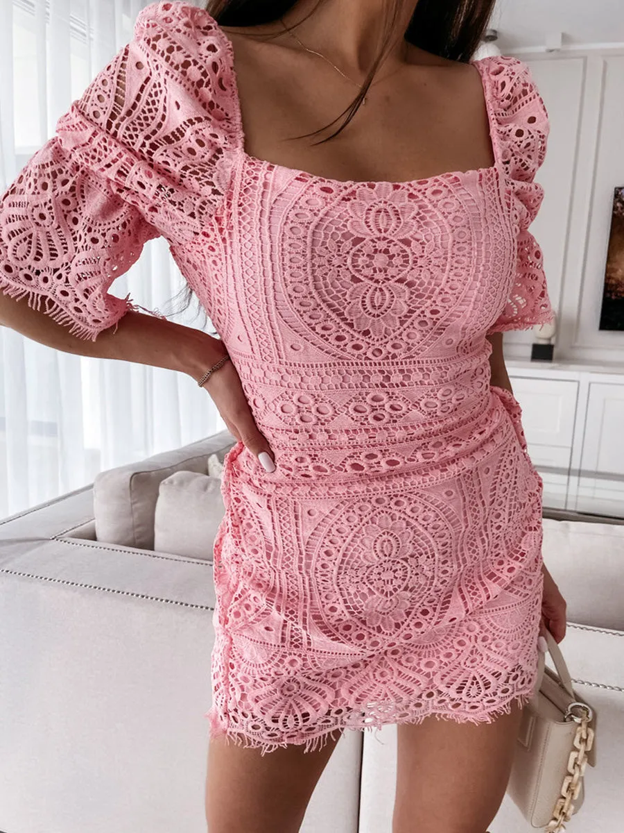 Solid Color Lace Mid-length Sleeve Dress