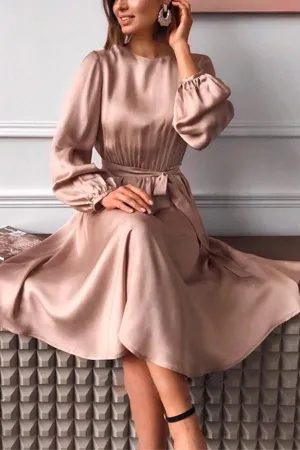 Solid Color Satin Small Lantern Sleeves Waist Slimming Midi Dress