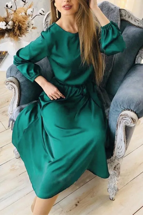 Solid Color Satin Small Lantern Sleeves Waist Slimming Midi Dress