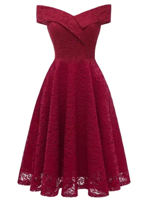 Solid Color Short Sleeve Off the Shoulder A line Vintage Party Dress