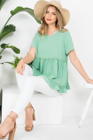 Solid Short Ruffle Hem Merrow Detail Top