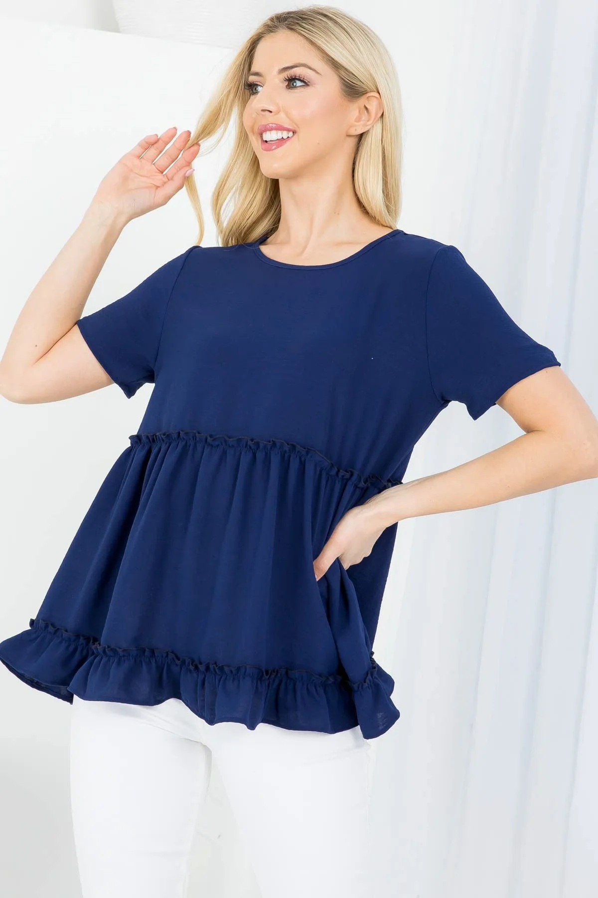 Solid Short Ruffle Hem Merrow Detail Top