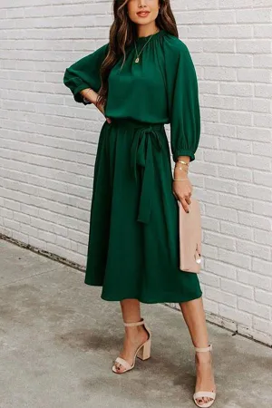 Solid Tie Waist Long Sleeve Swing Dress