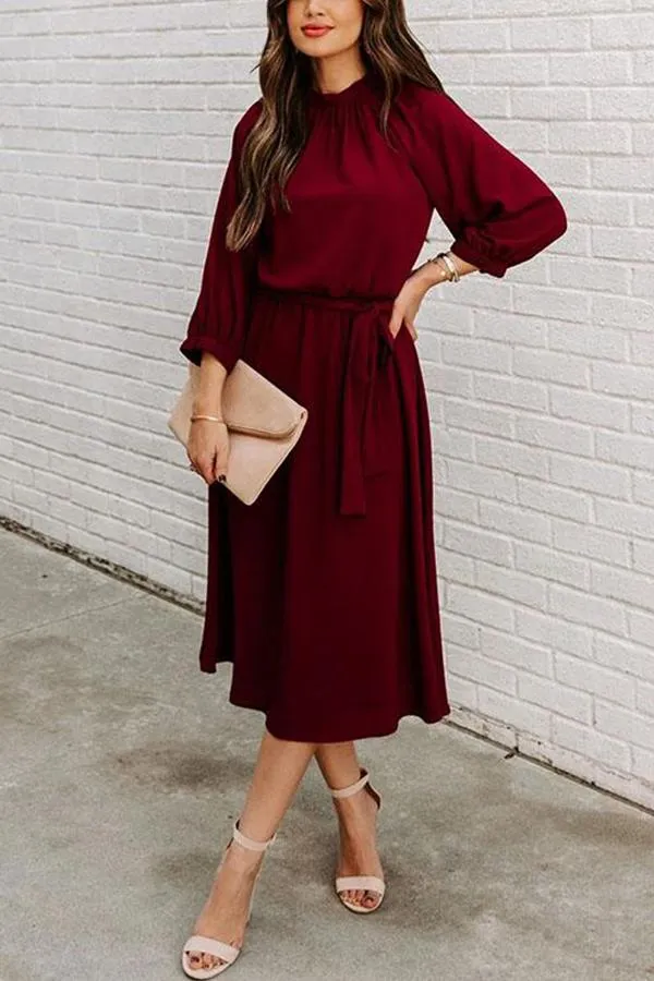 Solid Tie Waist Long Sleeve Swing Dress