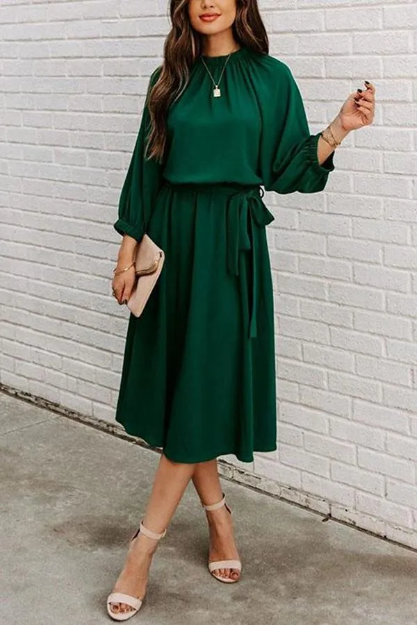 Solid Tie Waist Long Sleeve Swing Dress