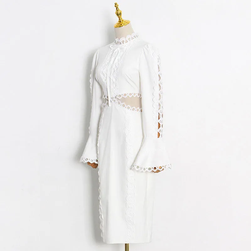 Solid Turtleneck Flared Sleeve Hollow Out Midi Dress
