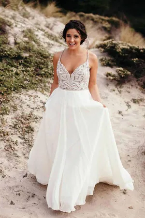 Spaghetti Strap Beaded Wedding Dress Ivory Chiffon Rustic Wedding Dress,MW328