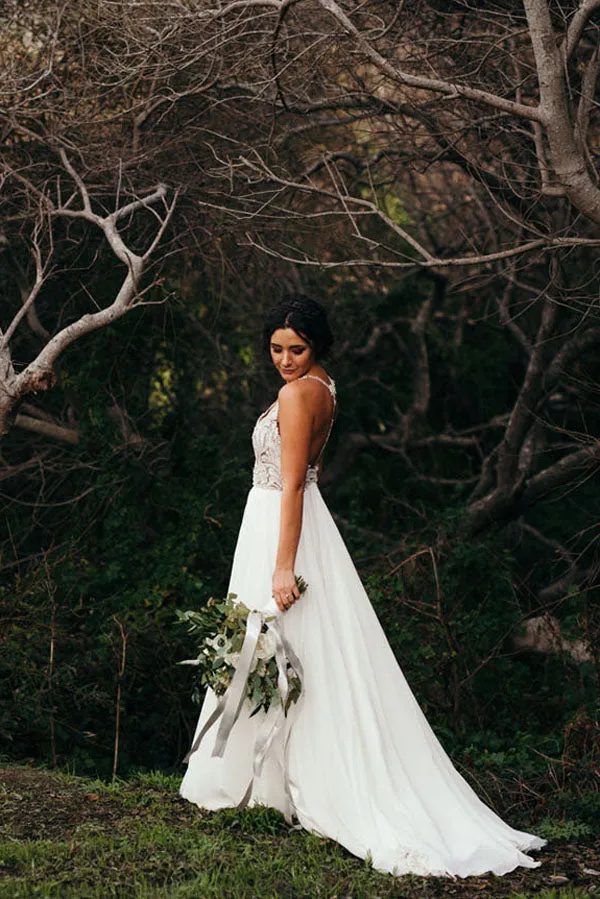 Spaghetti Strap Beaded Wedding Dress Ivory Chiffon Rustic Wedding Dress,MW328