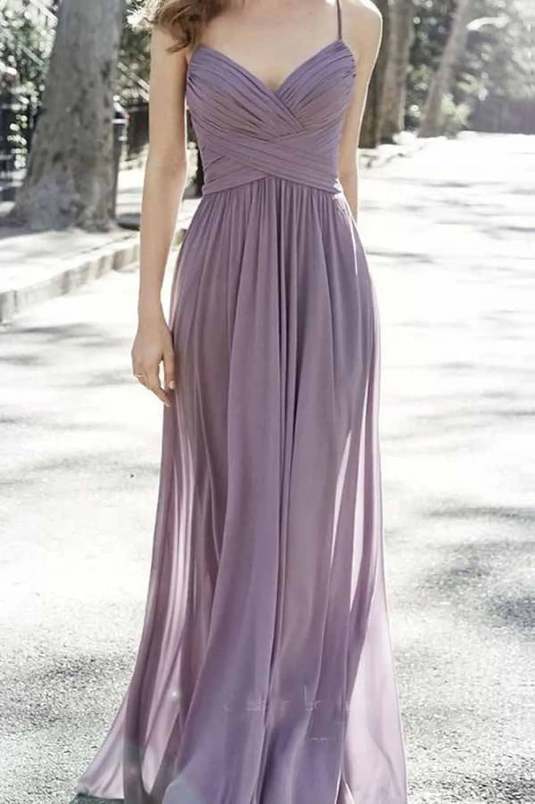 Spaghetti Strap V Neck Crisscross Back Ruched Chiffon Long Bridesmaid Dress