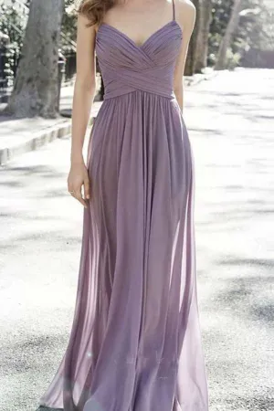 Spaghetti Strap V Neck Crisscross Back Ruched Chiffon Long Bridesmaid Dress