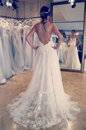 Spaghetti Straps Ivory Wedding Dresses Appliques Cross Back Wedding Gowns,MW327