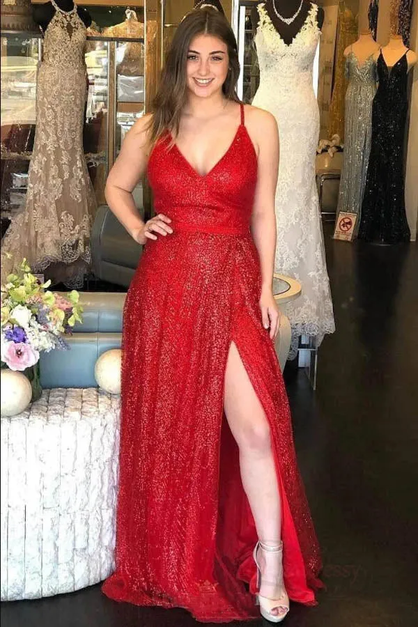 Sparkly V-neck Backless A-line Red Long Prom/Formal Dress With Split,MP586