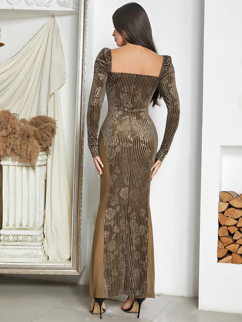 Square Collar Long Sleeve Tulle Maxi Bodycon Dress HB10013