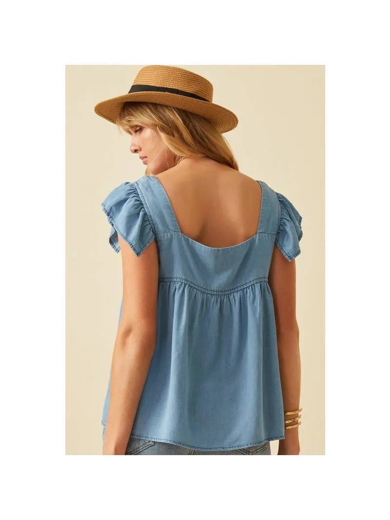 Square Neck Ruffle Cap Sleeve Top