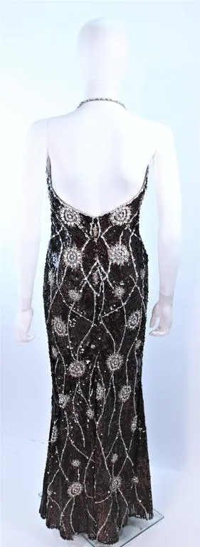 STEPHEN YEARIK Brown Sequin Rhinestone Floral Halter Gown Size 4