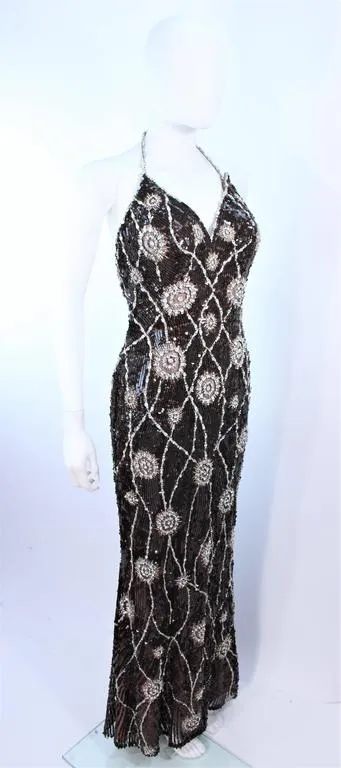 STEPHEN YEARIK Brown Sequin Rhinestone Floral Halter Gown Size 4