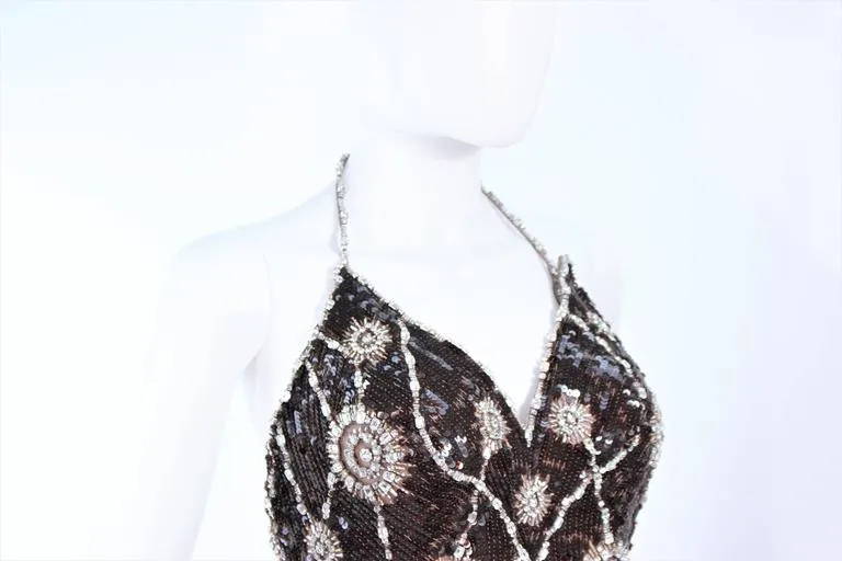 STEPHEN YEARIK Brown Sequin Rhinestone Floral Halter Gown Size 4