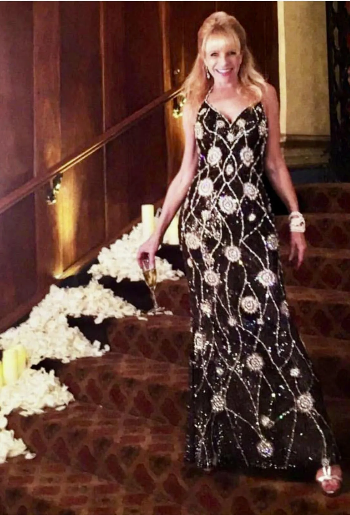 STEPHEN YEARIK Brown Sequin Rhinestone Floral Halter Gown Size 4