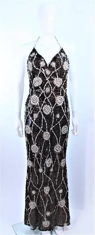 STEPHEN YEARIK Brown Sequin Rhinestone Floral Halter Gown Size 4