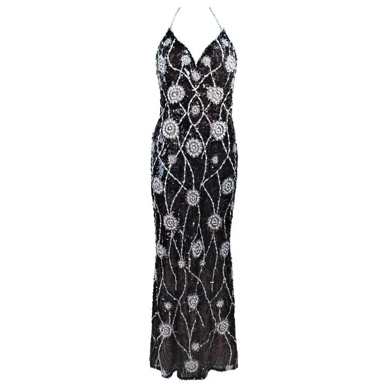 STEPHEN YEARIK Brown Sequin Rhinestone Floral Halter Gown Size 4