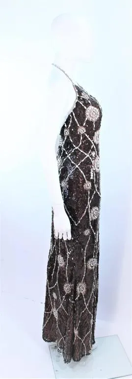 STEPHEN YEARIK Brown Sequin Rhinestone Floral Halter Gown Size 4