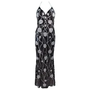 STEPHEN YEARIK Brown Sequin Rhinestone Floral Halter Gown Size 4