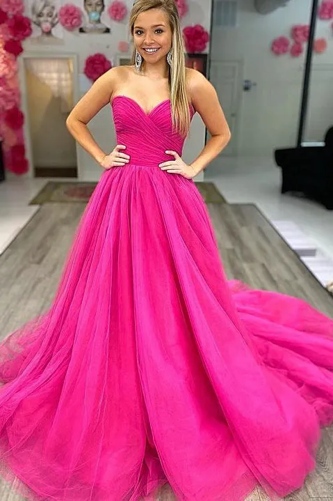 Strapless A Line Tulle Long Prom Dress Sweetheart Evening Dress Formal Dress OK1268